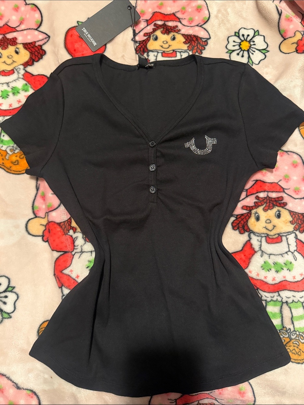 True Religion Black Short-Sleeve Ribbed Scoop Neck Top with Rhinestone Horseshoe